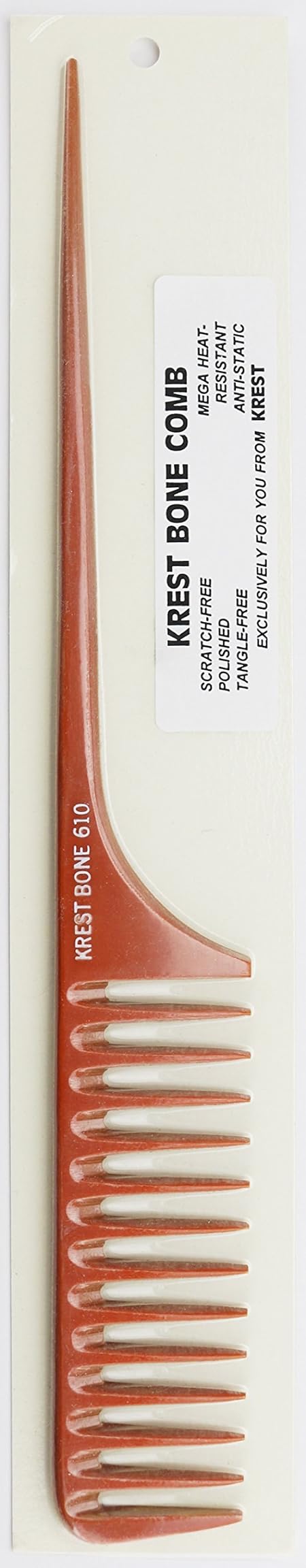 Krest Bone Rattail Professional comb. Heat Resistant Comb. Styling Combs. Detangle, Sectioning Comb. (No. 610 11 1/2" Large Space Teeth Rattail)