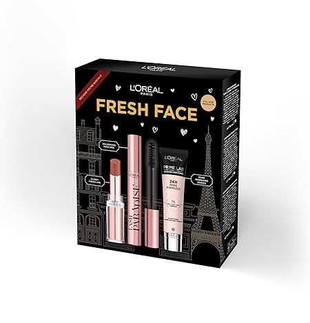 L'Oréal Paris Fresh Face Primer, Lipstick & Mascara Trio Gift Set Prime Lab 24H Pore Minimiser Primer, Hydrating Balm-In-Lipstick In 191 Nude Heaven & Lash Paradise Mascara Enriched With Castor Oil