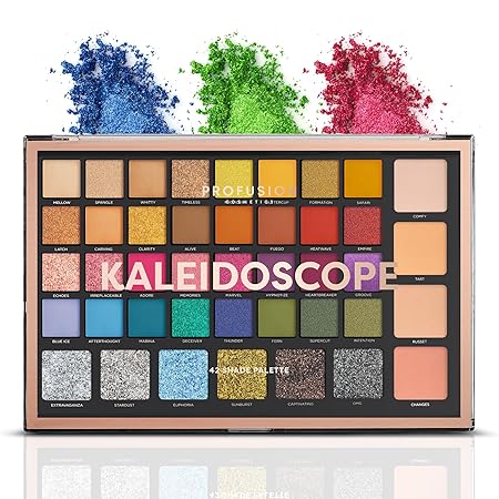 Profusion Cosmetics Kaleidoscope 42 Shade Palette Bright Colors Matte Shimmer Satin Colorful Eyeshadow Makeup Pallete Long lasting and Pro Pigment Silky Powder Eye Shadow